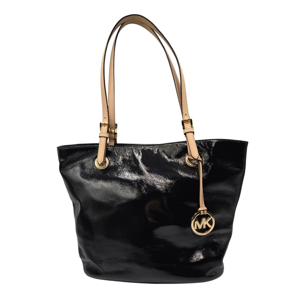 Michael Kors Black Patent Leather Shoulder Tote Bag MK Charm Gold Hardware - Picture 12 of 12
